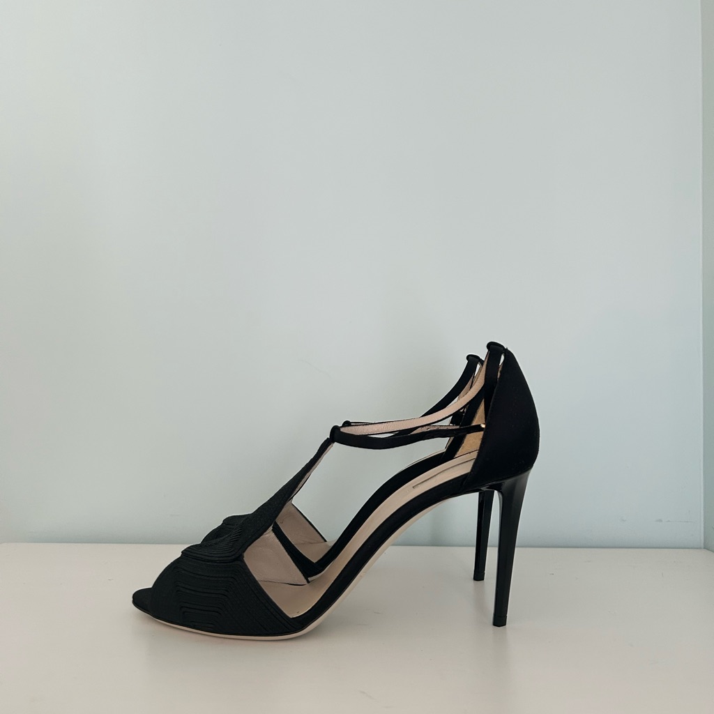 Giorgio Armani Black T-Strap Peep-Toe Stiletto Heels